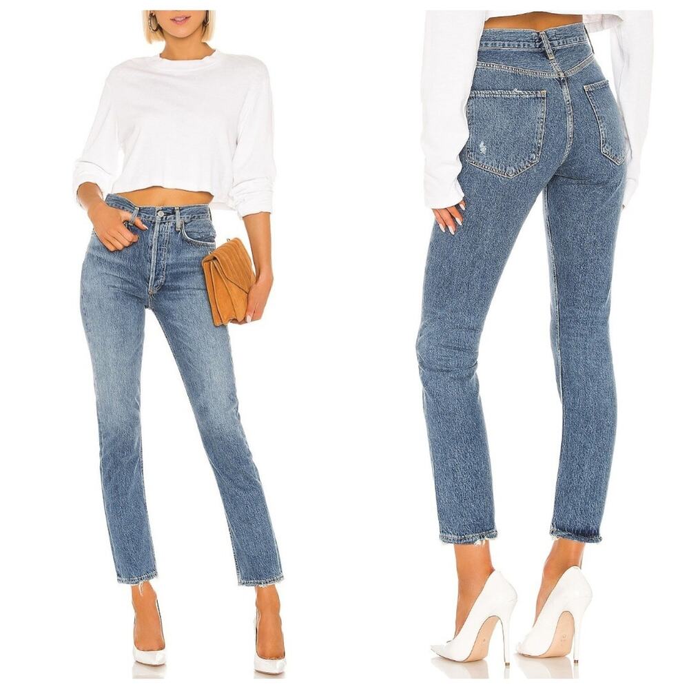 AGOLDE Riley Straight Crop Jeans 27 High Rise Button Fly Medium Wash Raw Hem